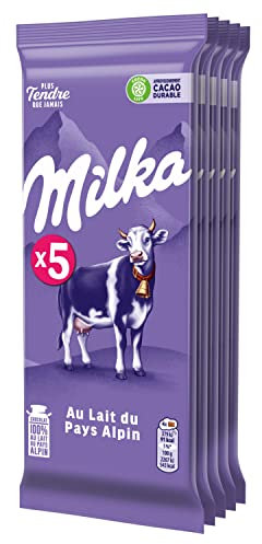 Milka - Tablette Chocolat au Lait - Idéale à Partager au Goûter - 5 Tablettes (100 g)