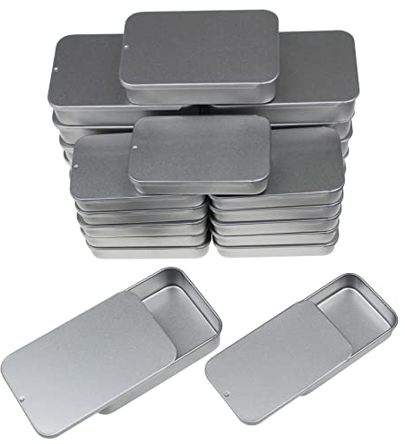 Goodma 24-Pack Slide Top Rectangular Metal Tin Containers for Candies Jewelry Crafts Pills Lip Balm Storage Survival Kit, Mixed Sizes (Silver)