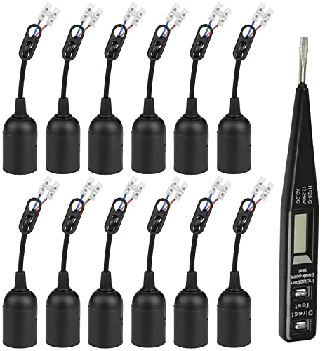 E27 Ersatzfassung - 12 Stück Lampenfassung mit Kabel, Baustellenfassung +VDE-Spannungsprüfer, Baufassung mit Kabel, Schwarze Renovierfassung Baustellenfassung, Glühbirnen Fassung, (max.60W)