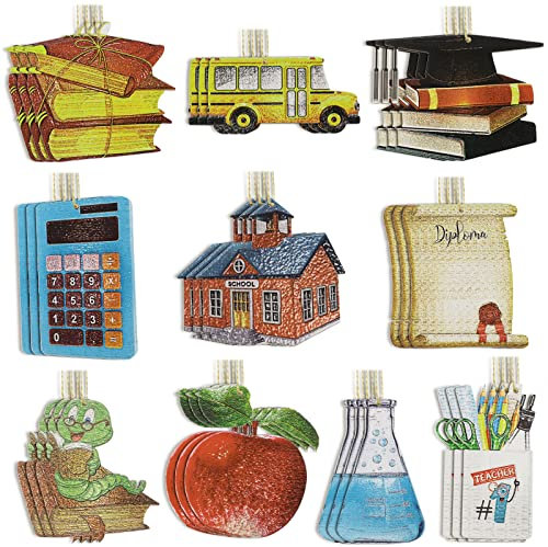 Teacher Theme Christmas Tree Decor Teachers Appreciation Gifts Wooden Ornaments Best Teacher Mug Apple Bookworm Calculator Congrats Graduate Ornaments for Party Xmas Tree Decor (Teacher Theme, 30 Pcs)