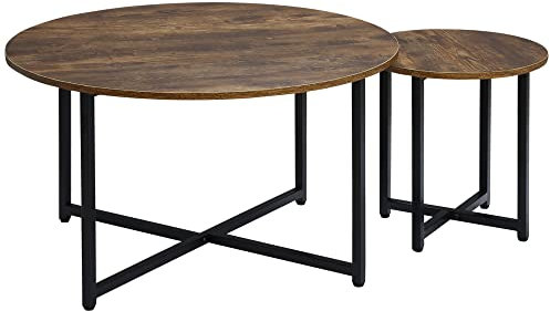 HOMCOM Round Coffee Table, Set of 2 Side Table with Metal Frame, Industrial End Table for Living Room Bedroom, Rustic Brown