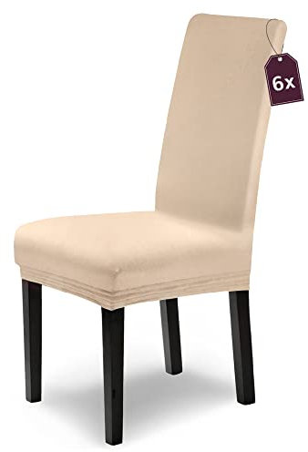 Scheffler Home Stuhlhussen Leni Vellina Natur 6er Set Baumwolle-Touch – Elastische und waschbare Stuhlbezüge Hussen für Freischwinger und Esszimmerstühle – Öko-Tex Zertifiziert