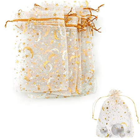 Jagowa 30 Stück Organza-Beutel mit Kordelzug, Netz-Geschenkbeutel, Stern, Mond, Schmuckbeutel für Hochzeit, Geburtstag, Party, Festival, 10 x 15 cm (weiß)
