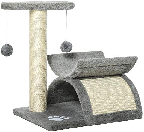 PawHut Árbol Rascador para Gatos Pequeños 43 cm Torre para Gatos con Poste Giratorio con Bolas de Juego Plataforma y Caseta 40x30x43 cm Gris