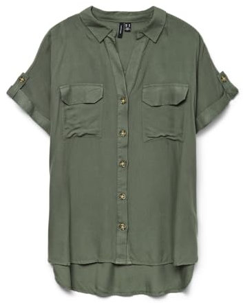 VERO MODA Camicia a Righe da Donna a Maniche Corte con Tasche sul Petto e abbottonatura, Verde, M