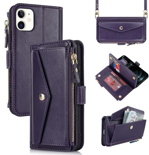 Zouzt for iPhone 12/12 Pro Wallet Case for Women, Purse with Credit Card Holder Slots Crossbody Lanyard Strap Zipper Flip Book Shockproof Protective Phone Cover for Apple 12/12 Pro 6.1 Inch (Purple)