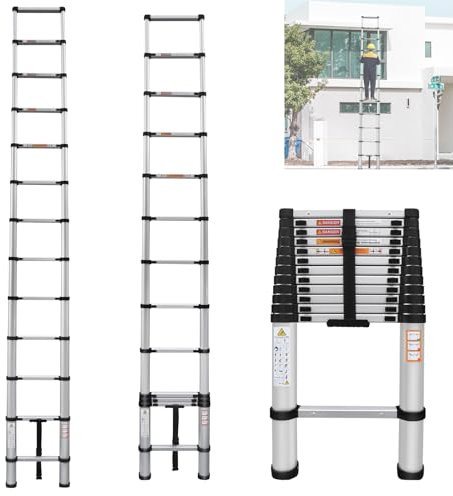 Silver Telescoping Ladder, 16.4FT/5M Multi Purpose Aluminium Telescopic Extendable Folding Ladder, Adjustable Height, 330 Pounds Load Capacity