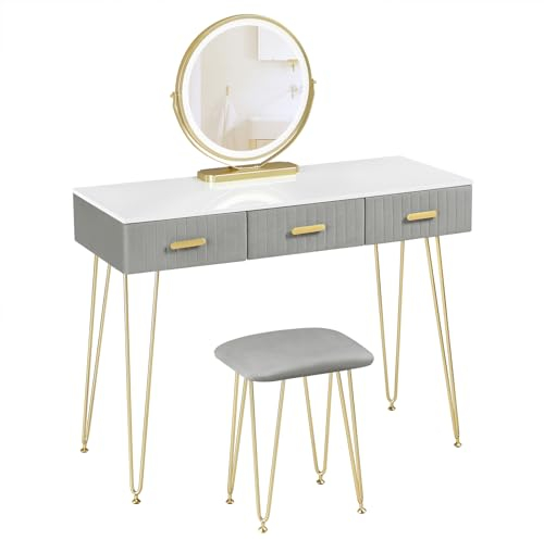 WOLTU Dressing Table with LED Lights Mirror, Adjustable Brightness Vanity Table Makeup Desk with 3 Drawers and Stool Set, Bedroom Dresser, 100x40cm, White+Golden+Grey