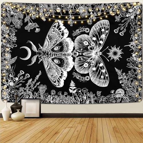 Alishomtll Schmetterling Sonne und Mond Schwarz und Weiß Wandteppich, Botanische Blume Schwarz Wandtuch, Schlafzimmer Schlafsaal Ästhetische Dekorative Wandbehang, Schwarz 150x130cm