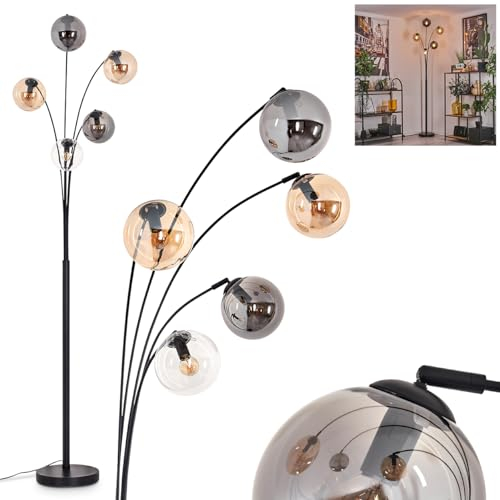 Stehleuchte Koyoto, Stehlampe aus Metall/Glas in Schwarz/Bernstein/Rauch/Klar, Leuchte im Retro/Vintage-Design mit Schirmen aus Glas (Ø 15 cm) u. Fußschalter, Höhe 210 cm, 5 x E14, ohne Leuchtmittel