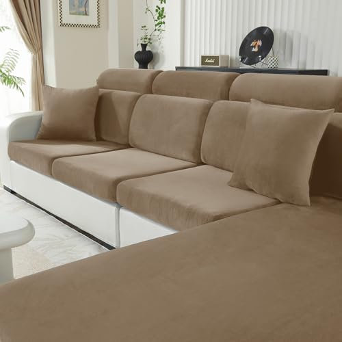 CYCMACO Samt Sitzkissenbezug, Stretch Sofa Sitzkissenbezug rutschfest, Universal Sofa Überzug Wohnzimmer, Elastischer Kissenbezüge, Waschbare(1-Sitzer*3, Kamel)