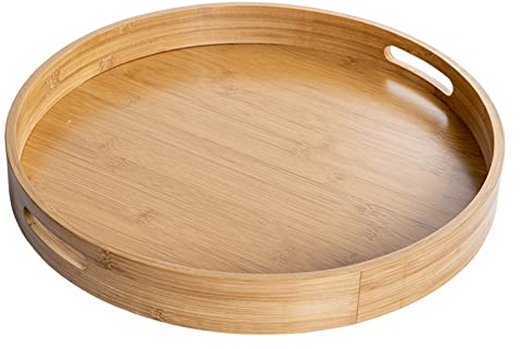 Bandejas para Servir Bandeja Redonda para Servir con Asas, Bandeja Circular de Madera de bambú para Mesa de Centro, Comida, Bandeja para Comida