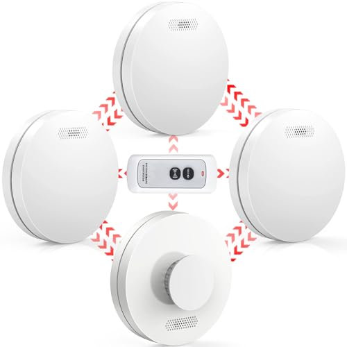 CPVAN Wireless Interlinked Smoke and Heat Alarm Scotland Bundle with 10 Years Battery Life, Fire Alarms Scotland Interlinked with Remote Control, CE & BS Certified, Pre Linked. 4 Pack