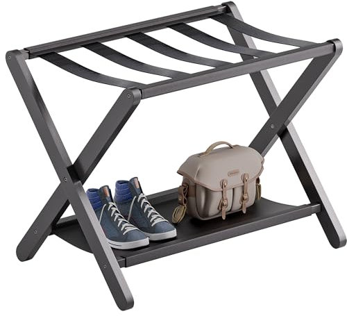 vovala Porte-bagages, Porte-valise pliant avec étagère de rangement, Porte-bagages en bambou de qualité supérieure pour chambre d'amis, chambre à coucher, hôtel, supporte jusqu'à 61 kg (Noir)