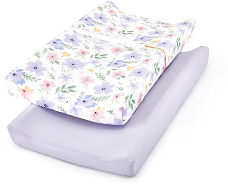 TILLYOU Wickelauflagen-Set aus weichem Jersey-Material, passend für konturierte 32 Zoll / 86,4 x 40,6 cm Baby-Pads, glitzernde kleine Blumen, lila
