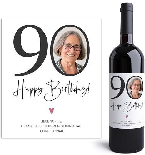 90. Geburtstag Weinetiketten personalisiert mit Foto Flaschenetiketten selbst gestalten Geburtstagsgeschenk Geschenk Weinflasche Etiketten selbstklebend 2 Stück | 10x12 cm