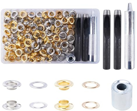 KJLEEN 140 Sets 8mm Grommet Tool Kit Gold Eyelet Punch Kit, Silver Metal Grommets Eyelets Set, Brass Grommet Eyelet Kit for Fabric Leather Canvas Curtains Tarpaulins Clothing Bag Craft (Gold+Silver)