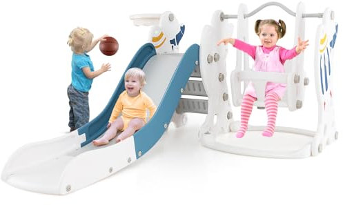 GOPLUS 4 en 1 Toboggan Intérieur Exterieur Enfant Thème Fusée, Glissière Balancoire Amusante, Grimpeur, Panie Basket et Ballon, Aire de Jeux Interieur Toboggan pour Enfant 1,5 Ans, Charge 30KG