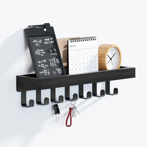 SWTYMIKI Key Rack with Wooden Tray and 7 Hooks - Multifunctional Key Holder/Key Board with Shelf for Hallway, Bedroom & Kitchen, Hanging Kitchen Cutlery (31 x 8 cm), Schwarz