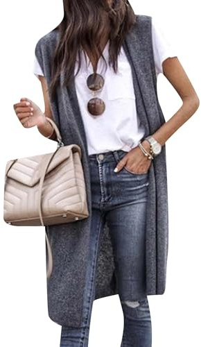OMZIN Womens Long Vests Sleeveless Open Front Cardigan Tunic Vest Long Cardigan Tops Coat For Fall Dark Grey XL