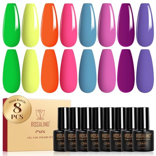 ROSALIND Smalti Semipermanenti per Unghie, 8 Colori Verde Giallo Arancione Rosa Blu Viola Smalto Semipermanente Colori, Soak Off UV/LED Smalto Gel Unghie DIY Nail Art Manicure Regalo