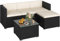 Abician 5 Pièces Salon de Jardin Exterieur en Polyrotin, 4 Personnes Ensemble Mobilier avec 3 Canapés Modulables, 1 Table Basse en Verre Trempé et 1 Ottomane pour Bistro Patio Terrasse Noir/Beige