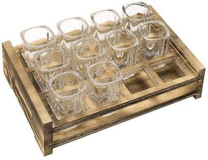 Whiskey Shot Tably - rustikal gebranntes -Glas -Glashalter, barr Servierständer | Slotted Display Board für quadratische Schnapsgläser, geschlitzte barr -Schusshalter, Küchenbars und Partygetränk