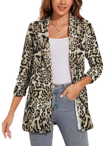 LADI TREND Womens Casual Blazer Suit Long Sleeve Work Office Cardigan Jacket (Leopard-Yellow Brown M)