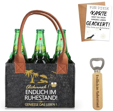 Geschenk für Rentner, Hochwertige Filz-Biertasche für 6 Flaschen mit Flaschenöffner & Grußkarte – Ideales Ruhestand Geschenk für Männer, Frauen, Freunde, Kollegen
