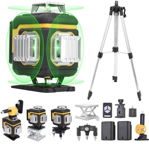 VISLONE 16 Lines Laser Level 3° Self-Leveling 4D Green Cross Line Laser Machine 2pcs Rechargeable Lithium Battery Leveling Tool with 1.2M Tripod for Tiling Floor Construction Picture Hanging