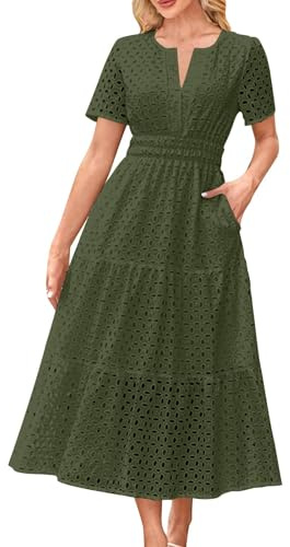 Maxi Dresses for Women Summer Wedding Guest Dress Short Sleeve Casual Boho V Neck Hollow Out Eyelet Ruffle Swing A Line Cotton Long Flowy Beach Vacation Evening Dresses Army Green