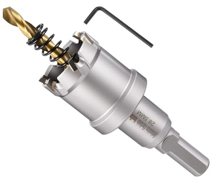 METALLIXITY Kit de sierra perforadora de carburo de tungsteno con broca central, llave hexagonal y resorte, 28,5 mm, para metales duros, láminas de acero inoxidable, tubos cuadrados, fibra de vidrio