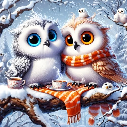 DPHERO DIY Eulenbaby Diamant Painting Kits Bilder für Erwachsene Anfänger,5D Winter Diamond Painting Set,DIY Runde Steine Diamant Kunst Kits,Schneefall Diamond Art für Zuhause Dekor 30x30 cm