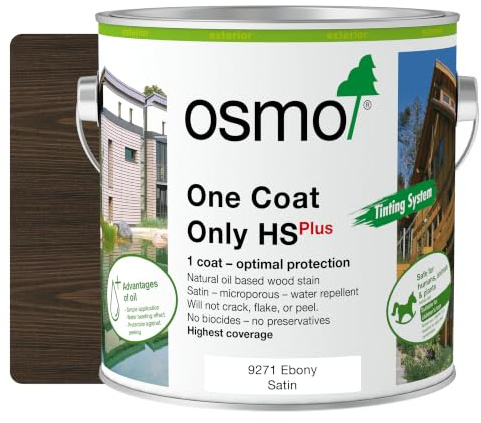 Osmo One Coat Only HS Plus 9271 Transparent Ebony 2.5L – High Coverage Exterior Wood Stain for Cladding & Fencing – One Coat Protection – Water & UV Resistant Satin Finish