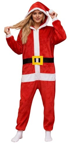 Generico Pigiama Natalizio in Pile da Donna e da Uomo Pigiama da Notte Tuta con Cappuccio Pagliaccetti Clubwear da Notte Accogliente Tutina a Tema Babbo Natale per Il Comfort Festivo