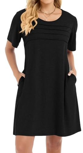 florynova Summer Dresses for Women Short Sleeve Knee Length Sundress Front Pleated T Shirt Dress with Pockets(Black,L)