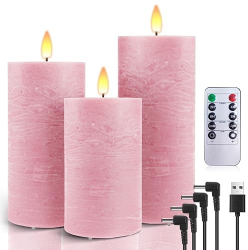 AiiBowy LED Kerzen Aufladbar Echtwachs [3er-Set] mit timerfunktion, Kerzen Flackernde Flamme, Adventskranz, LED Stumpenkerzen Outdoor für Halloween Weihnachten Dekoration - Rosa