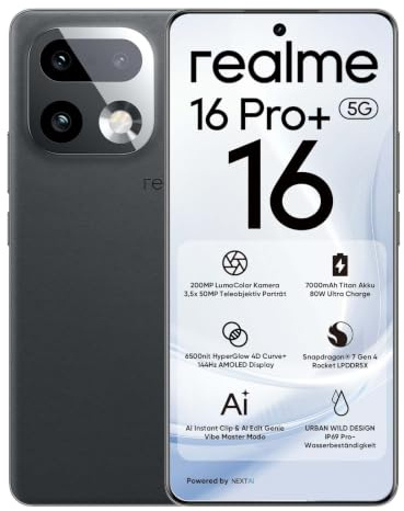 realme 16 Pro+ 5G Smartphone 12GB + 512GB, 200MP LumaColor, 7000mAh e 80W | Telefono Cellulare da 6,8 144Hz 4D Curve+ Display da 6500nits, Cellulari con Processore Snapdragon 7 Gen 4, IP69/NFC, Grigio