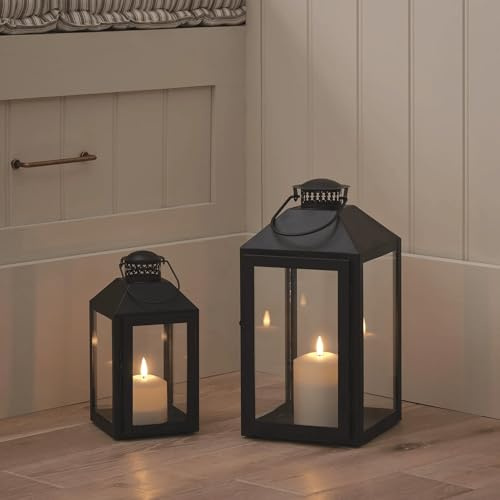 Lights4fun 2erSet Metall-Laternen Seaton mit TruGlow® LED-Kerzen & Tragegriff | Batteriebetrieben | mit Fernbedienung & Timer | Wetterfeste Deko für Innen & Außen Garten | Schwarz