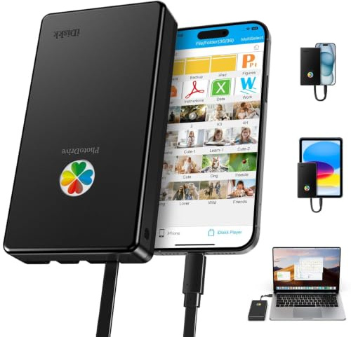 iDiskk Externe Festplatte für iPhone, iPad, Android, 500 GB, A-pple | 500 GB Externer iPhone-Speicher, Plug & Play für Mac/PC, Kostenlose iDiskk App erforderlich für iPhone iPad