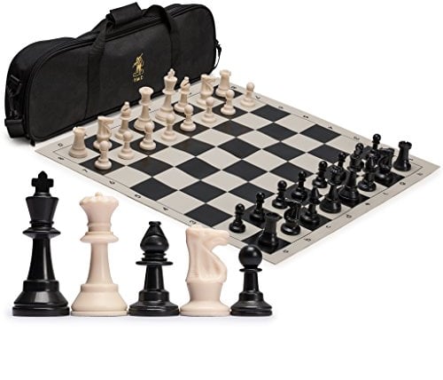 Yellow Mountain Imports Regulation Tournament Roll-Up Staunton Chess Game Set Age 14+ (50cm) with Travel Bag, 2 Extra Queens, and Weighted Chessmen - Black