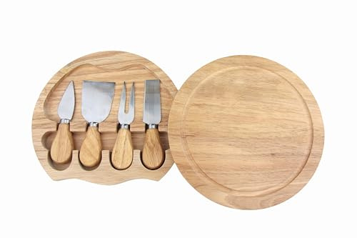 apollo THE HOUSEWARES BRAND Cheese Board Set - inc Hidden Knife Tray - Wooden Handle Knives & Fork - Quality Hevea Wood - Size 21x3.5cm, Multicolour (1974)