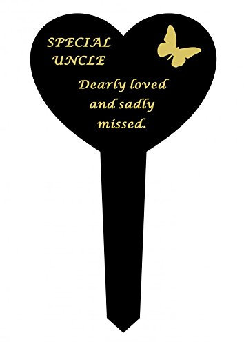 Uncle - Black & Gold Plastic Memorial Heart Stake Graveside Spike Marker Crematorium