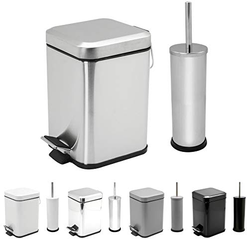 Harbour Housewares 3L Bathroom Bin & Brush Set - Brushed - 2pc Mismatched Stainless Steel Square Pedal Bin & Round Toilet Brush Set Slim Small Trashcan for Kitchen Waste, Bathroom Rubbish