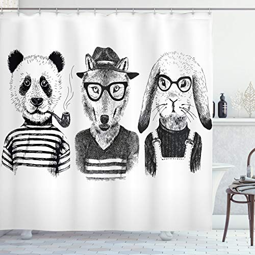 ABAKUHAUS Tier Duschvorhang, Hipster Panda Zigarre Fox, Stoffliches Gewebe Badezimmerdekorationsset mit Haken, 175 x 180 cm, Schwarz Weiß Grau