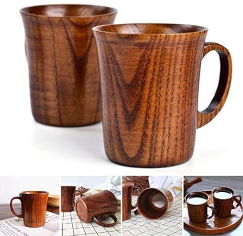 DirkFigge Wooden Tea Cup, 2pcs Solid Jujube Mug Wood Coffee Beer Mugs Bushcraft Cup Set Kuksa Handmade Japanese Tea Cups with Handle for Home Office Traveling