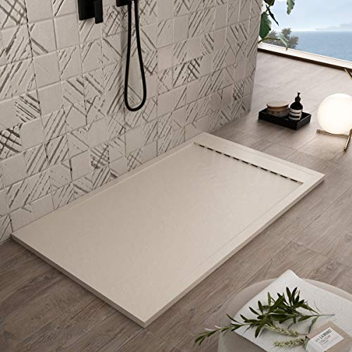 Luminosa ArredoBagno Receveur de douche en résine 160 x 80 cm, effet pierre, antidérapant, avec Gelcoat, modèle Luxury crème, grille de couleur unie et bonde incluse