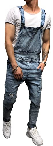 Geagodelia Salopette Uomo in Denim Casual Pantaloni Strappati Uomo in Tinta Unita Salopette Uomo Jeans Slim Fit Moda Ragazzo S-3XL Jumpsuit (Blu, Medium)