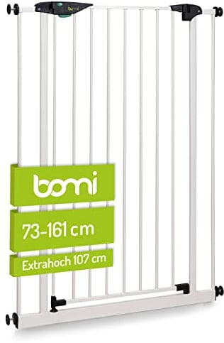 BOMI Schutzgitter Mira | Hoch 107 cm | Ohne Bohren | Schließt automatisch | Kindergitter Metall-Türschutzgitter weiß ohne Bohren | Automatisches Schließen des Türgitters | Breite: 143-151 cm