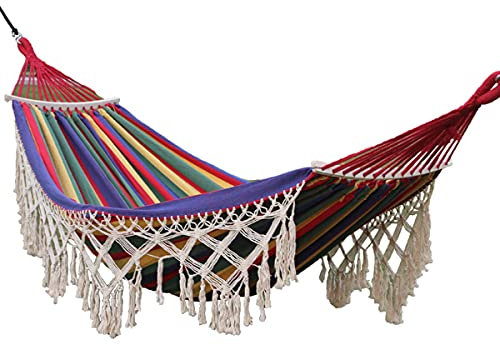 Outdoor Camping Hängematte mit Quasten, Doppel Hängematten aus Leinwand Baumwolle Hängeschaukel Tragbare mit Zugseilen und S-Haken, 150kg Traglast, Hammock für Indoor Garten Reisen Color Stripes